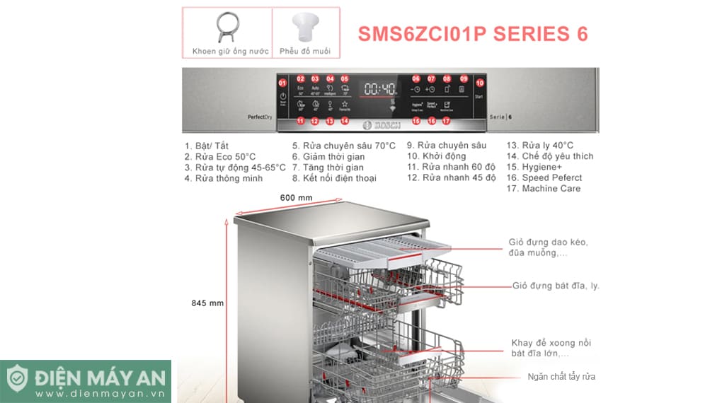 Máy rửa bát độc lập Bosch Serie 6 Sấy Zeolith SMS6ZCI01P